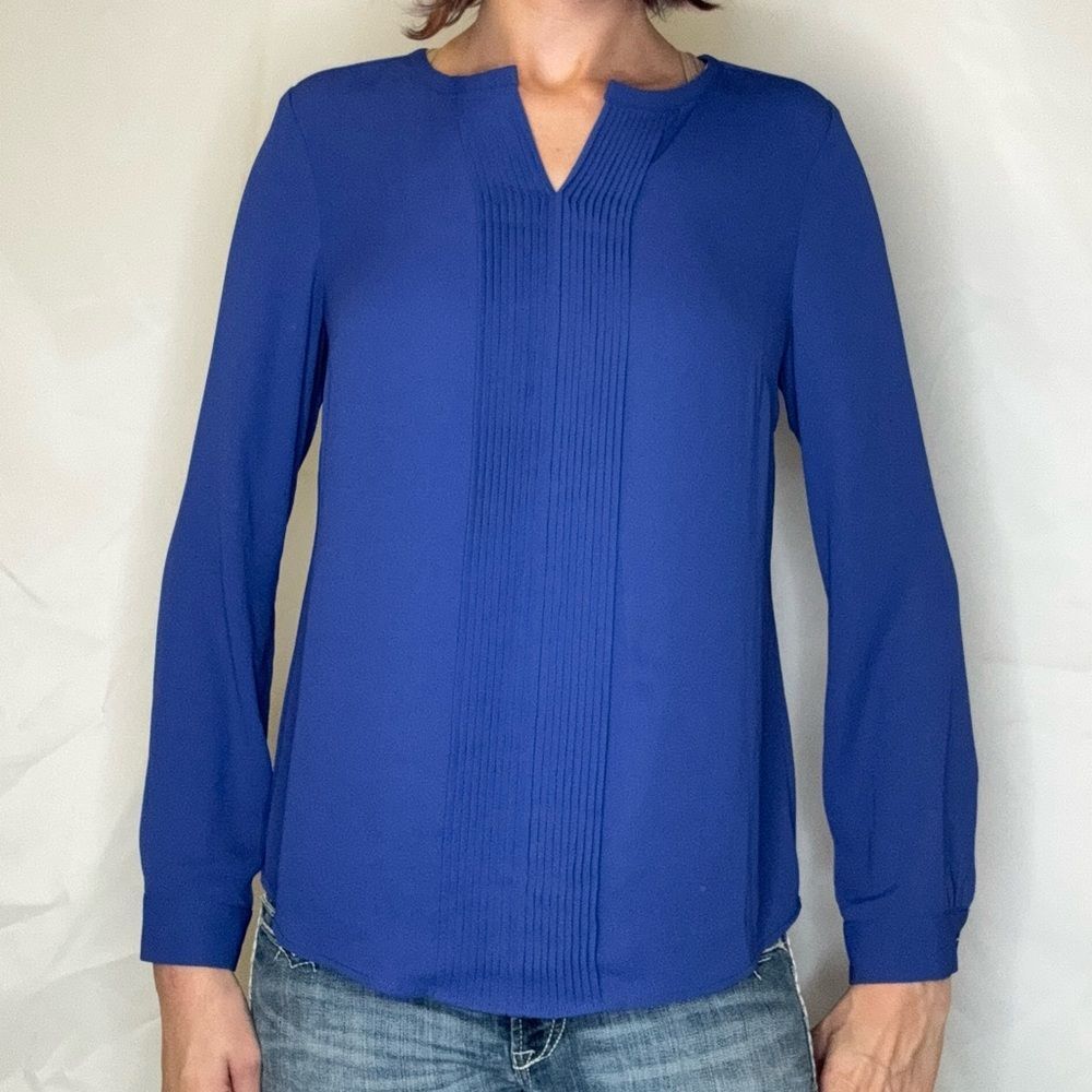 Talbots Women's Notched Long Sleeve Pullover Blouse Bright Royal Blue S SM Small